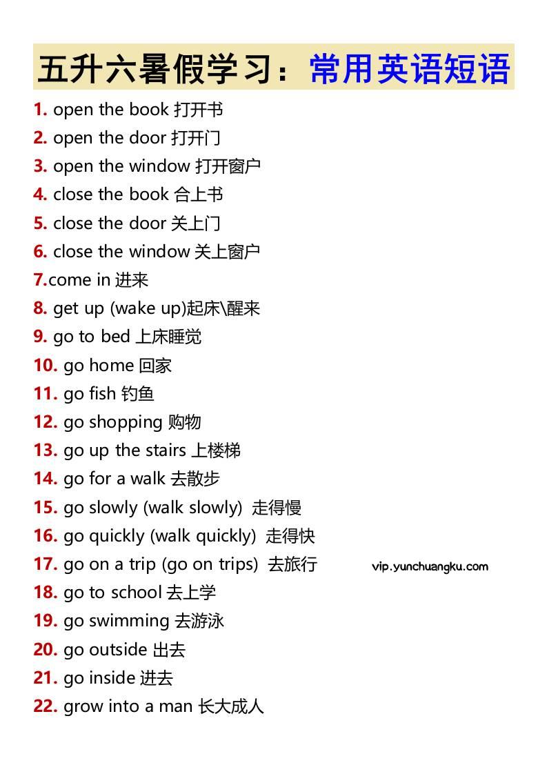 五升六暑假学习：常用英语短语-六上英语-云创项目库