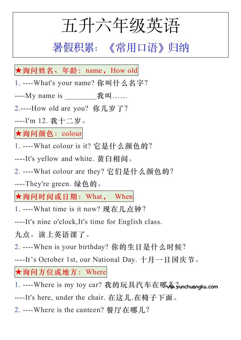 五升六年级英语暑假《常用口语》归纳-六上英语-云创项目库