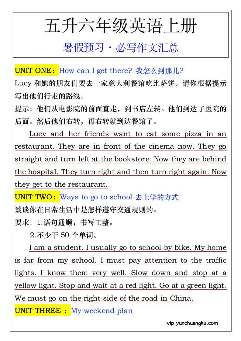 五升六年级英语上册暑假预习·必写作文汇总-六上英语-云创项目库