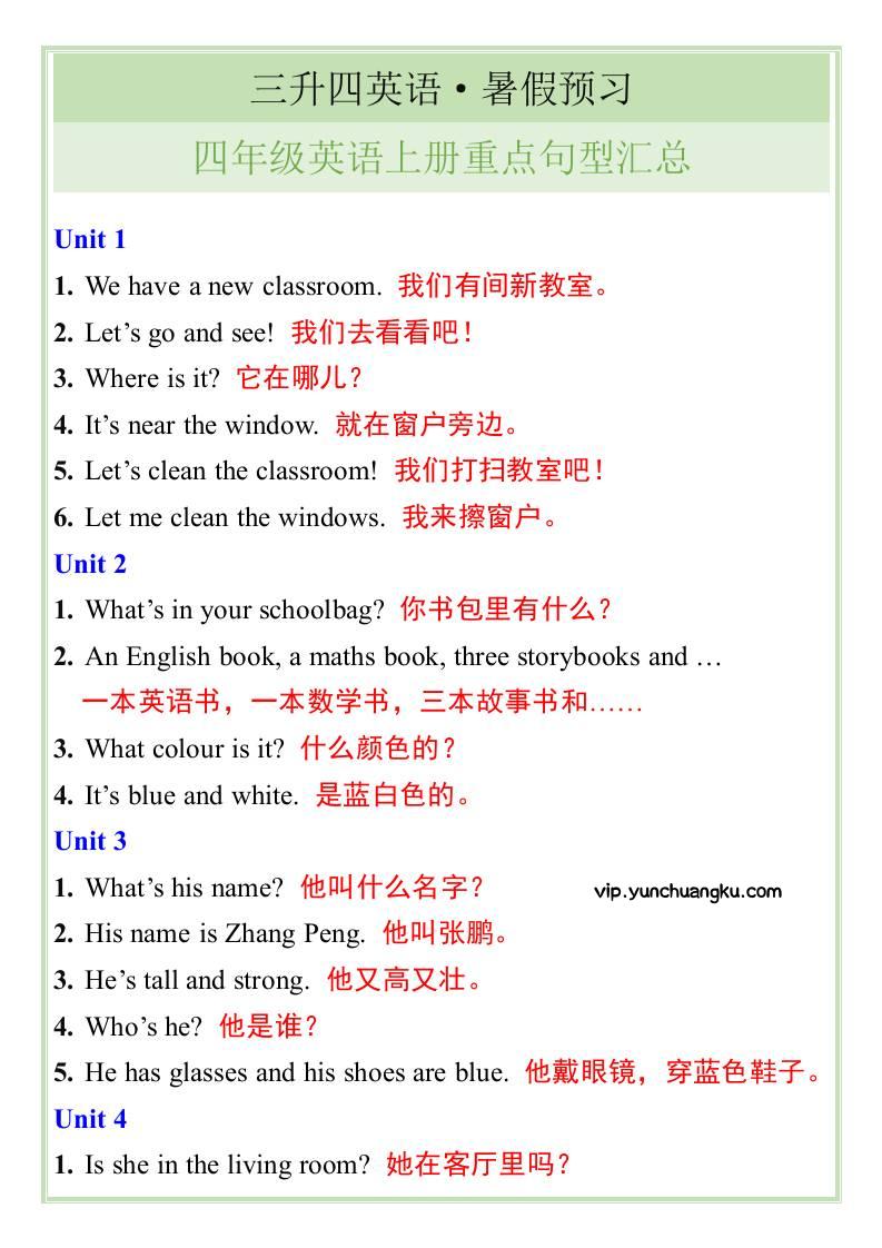 三升四英语暑假预习——四年级英语上册重点句型汇总-四上英语-云创项目库