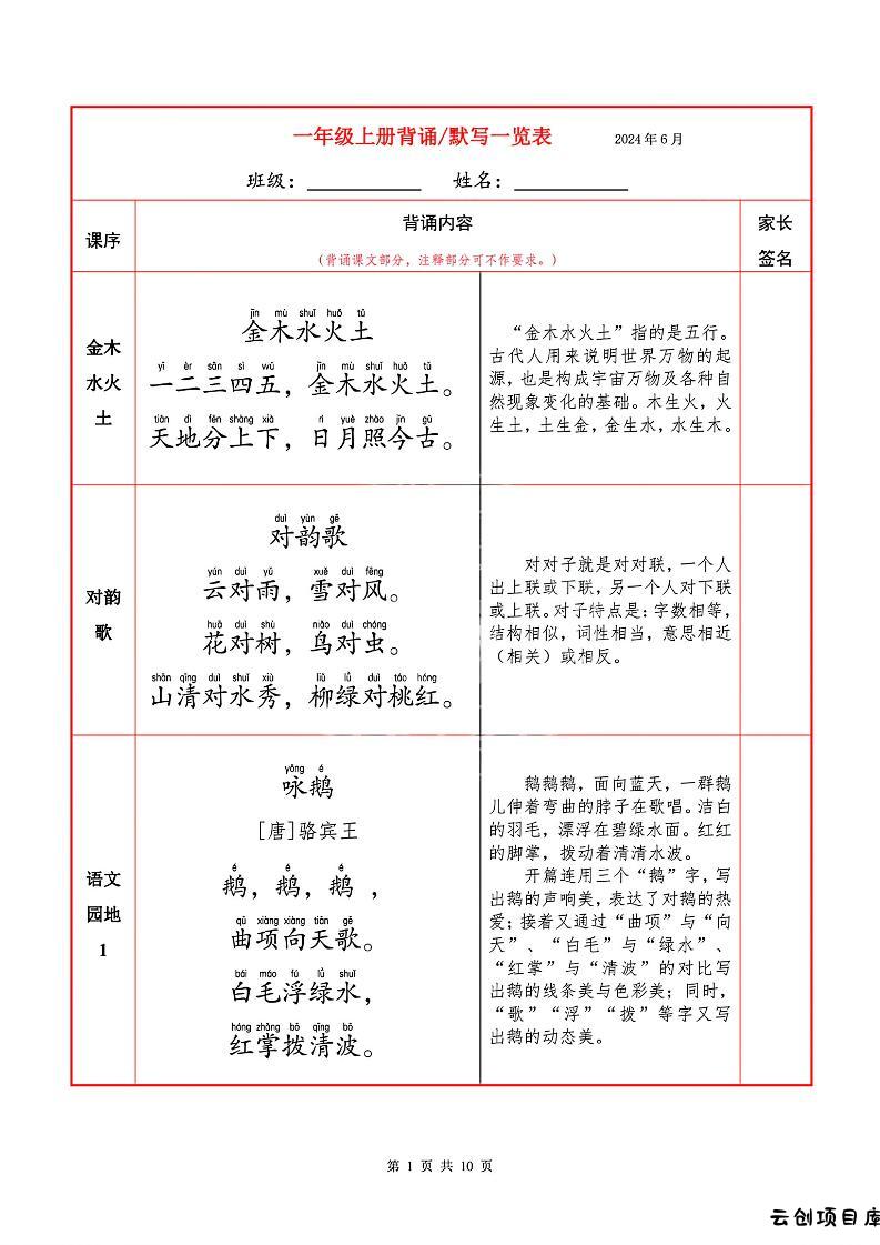 一上语文必背内容+默写表-云创项目库