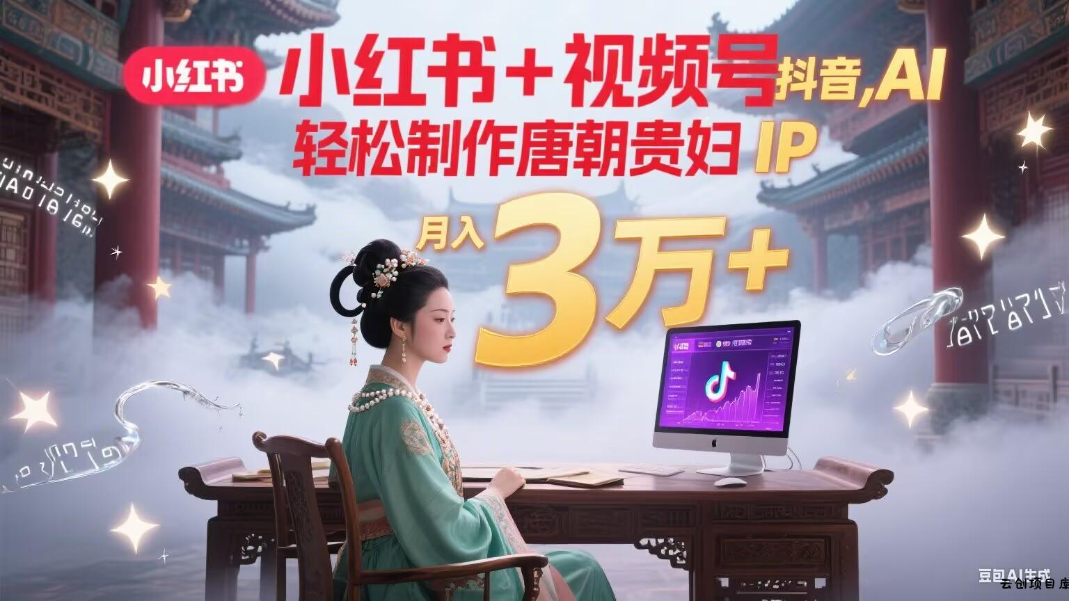 小红书+视频号+抖音，AI轻松制作唐朝贵妇IP，毒鸡汤、励志、减肥瘦身、养生赛道轻松切入，每天30分钟，轻松产出N条，月入3万+-云创项目库