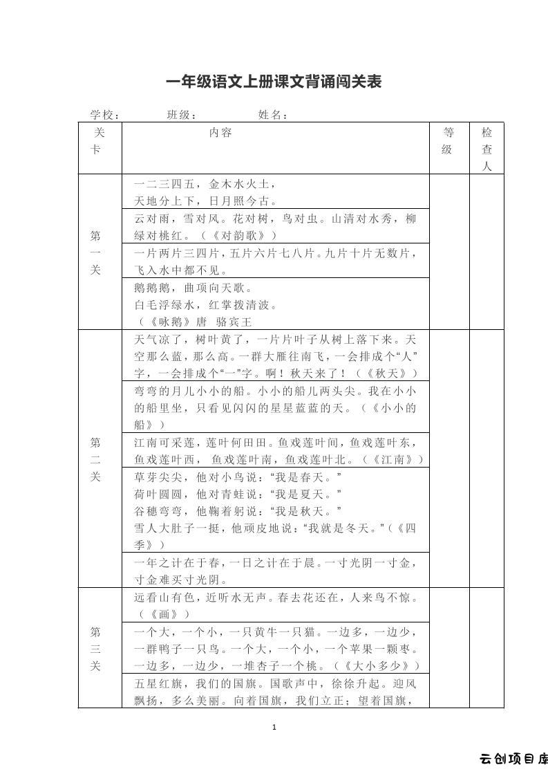 一年级上册语文背诵课文内容及闯关表-云创项目库