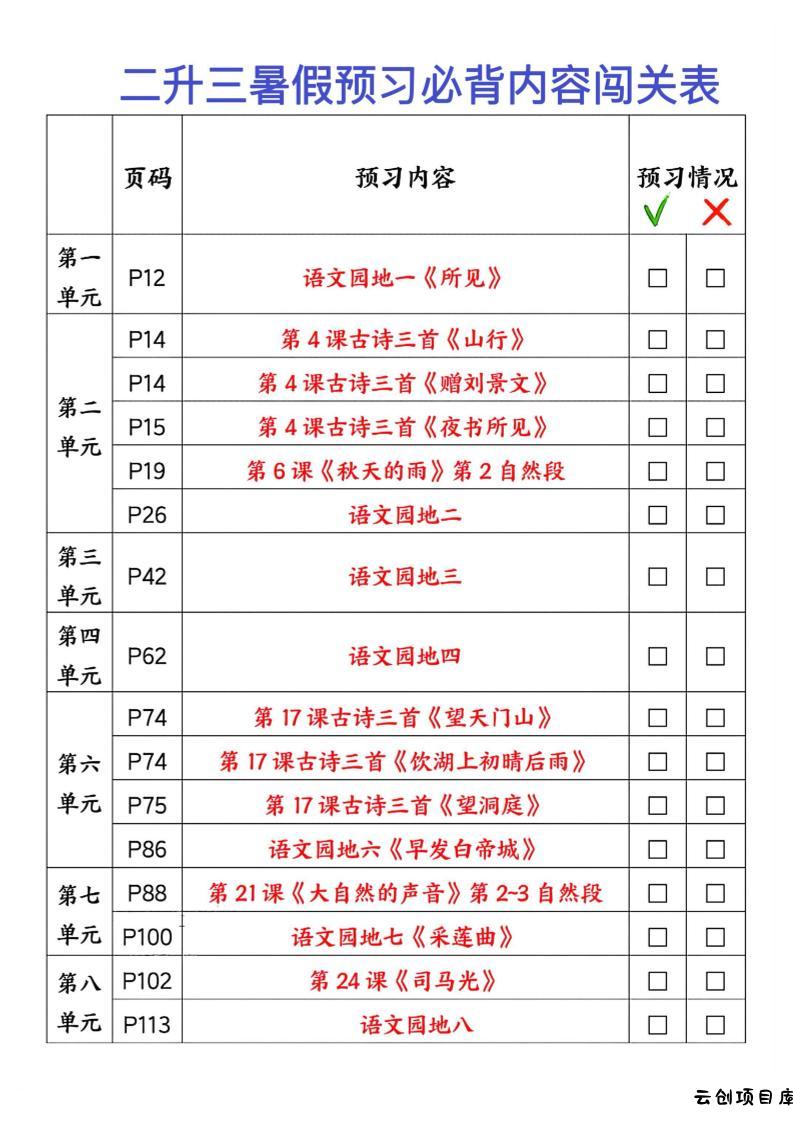 2025秋二升三暑假预习闯关表三上语文-云创项目库