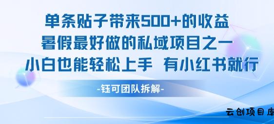 单条贴子带来5张的收益，暑假最好做的私域项目之一，小白也能轻松上手，有小红书就行-云创项目库