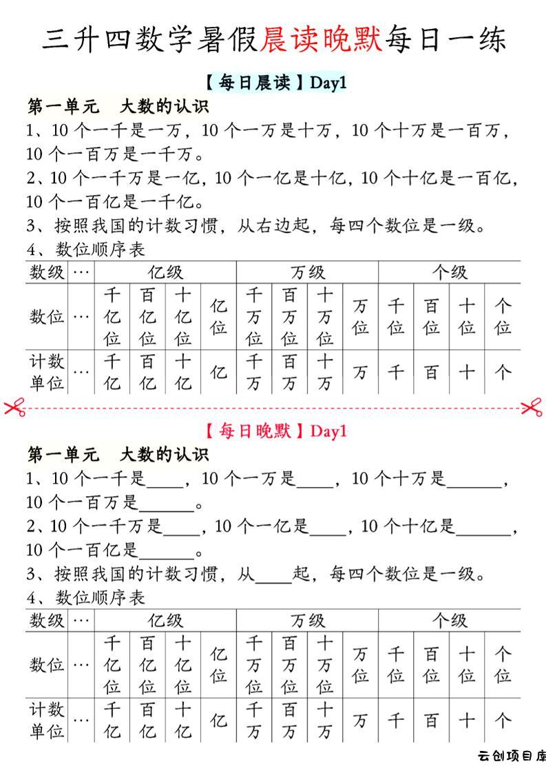 三升四数学暑假【晨读晚默】四上-云创项目库