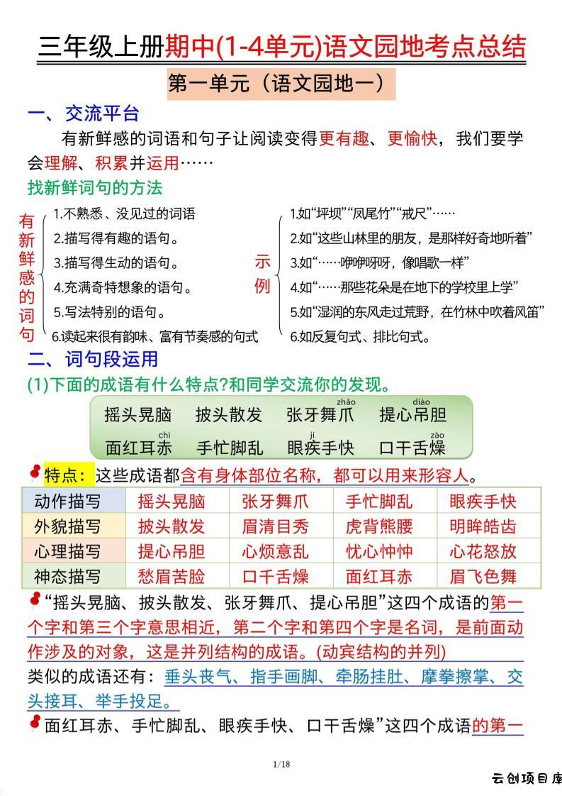 三年级上册期中(1-4单元)语文园地考点总结纯图版-云创项目库