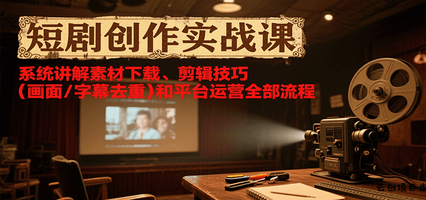 短剧创作实战课，系统讲解素材下载、剪辑技巧(画面/字幕去重)和平台运营全部流程-云创项目库