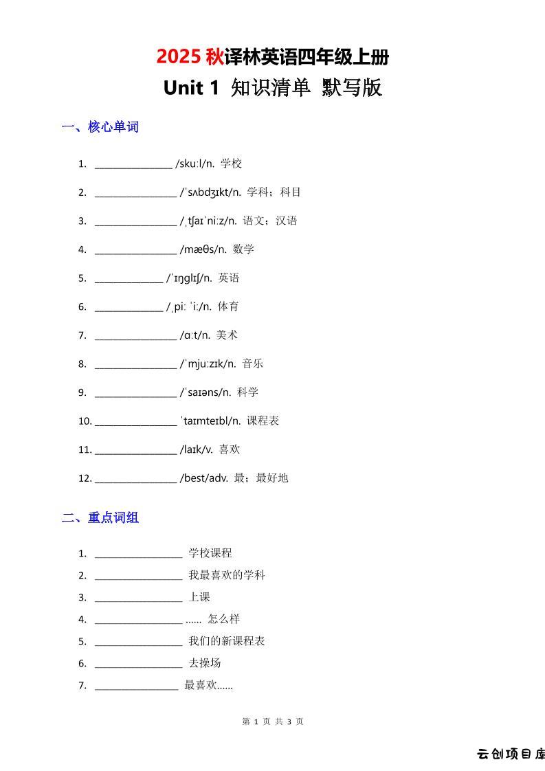 2025秋译林英语四上Unit1知识清单-默写版-云创项目库