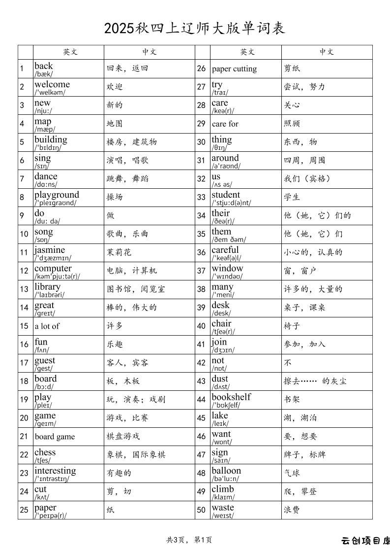 2025秋四上英语辽师大版单词表-云创项目库