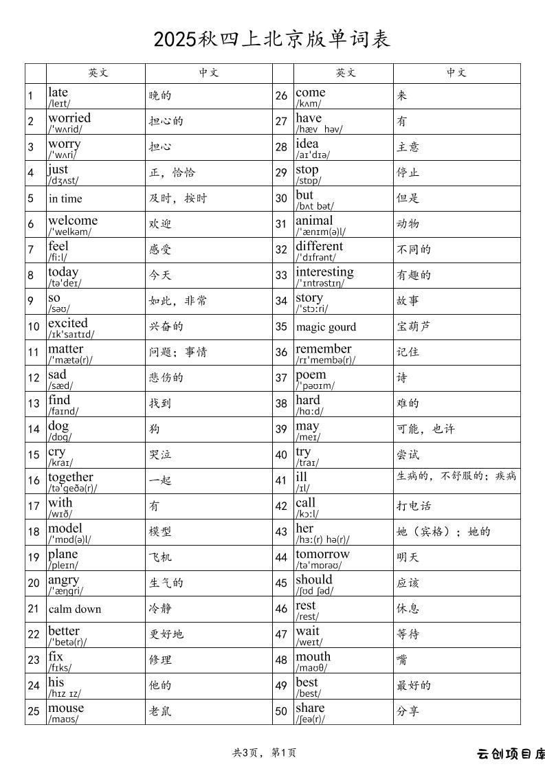 2025秋四上英语北京版单词表-云创项目库