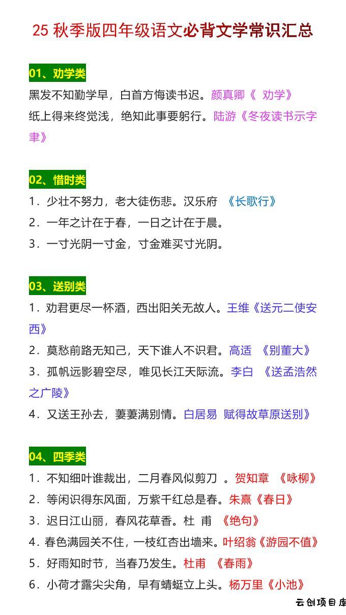【2025秋新版】四年级语文上册必背文学常识汇总-云创项目库