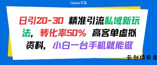日引 20-30 精准引流私域新玩法，转化率50% 高客单虚拟资料，小白一台手机就能做-云创项目库