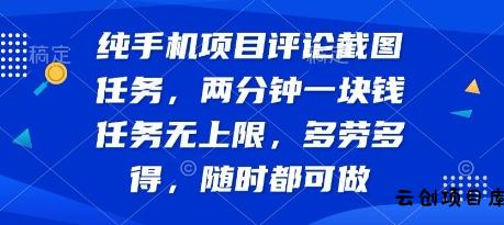 纯手机项目评论截图任务，两分钟一块钱 任务无上限多劳多得，随时随地都能做【揭秘】-云创项目库