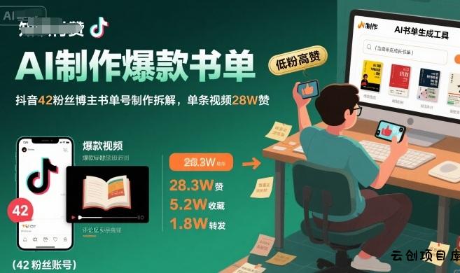 AI制作爆款书单，抖音42粉丝博主书单号制作拆解，单条视频28W赞-云创项目库