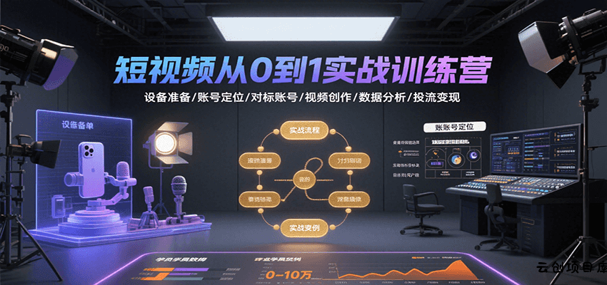 短视频从0到1实战训练营：设备准备/账号定位/对标账号/视频创作/数据分析/投流变现-云创项目库