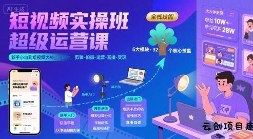 短视频实操班超级运营课，新手小白到短视频大神必修课程，剪辑-拍摄-运营-直播-变现-云创项目库