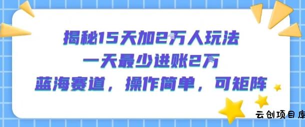 揭秘15天加2W人玩法，一天最少2万进账，蓝海赛道，操作简单，可矩阵-云创项目库