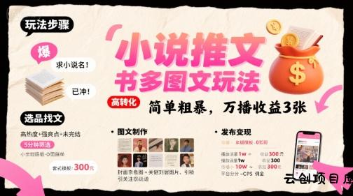 小说推文小红书多图文玩法，简单粗暴，万播收益3张-云创项目库