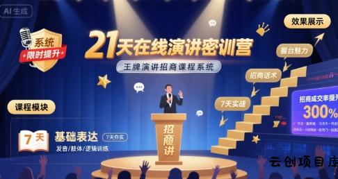 21天在线演讲密训营，王牌演讲招商课程系统-云创项目库