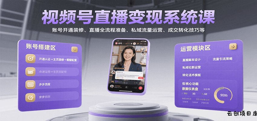 视频号直播变现系统课，账号开通装修、直播全流程准备、私域流量运营、成交转化技巧等-云创项目库