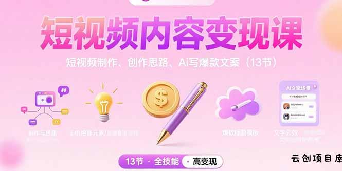 短视频内容变现课：短视频制作、创作思路、Ai写爆款文案(13节-云创项目库