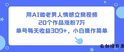用AI做老男人情感文案视频，20个作品涨粉7W，单号每天收益3张+，小白操作简单-云创项目库