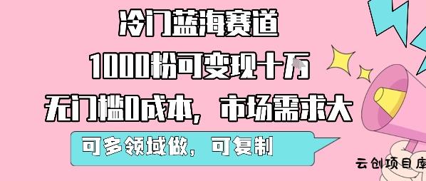冷门蓝海赛道，1000粉可变现十W，无门槛0成本，市场需求大，可多领域做，可复制性强-云创项目库
