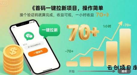 首码一键拉新项目，操作简单，接个验证码就算完成，收益可观， 一小时收益70+【揭秘】-云创项目库