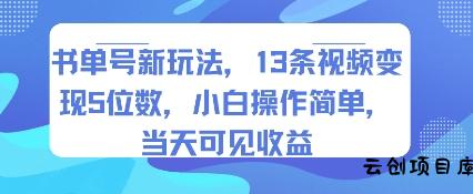 书单号新玩法，13条视频变现5位数，小白操作简单，当天可见收益-云创项目库