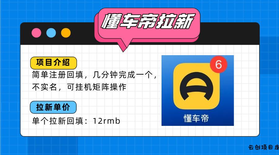 懂车帝邪修拉新玩法，简单注册回填，不sm，单个拉新12rmb，轻松日入200+-云创项目库