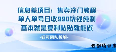 信息差项目：售卖冷门教程单人单号日收9张纯利基本就是复制粘贴就能做-云创项目库