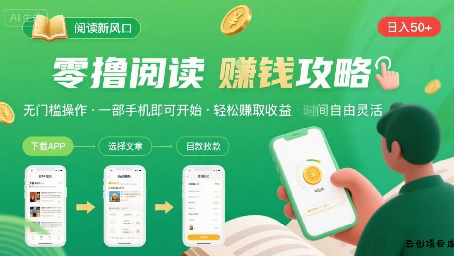零撸阅读新风口，无门槛轻松挣，一部手机，日入 50-3张【揭秘】-云创项目库