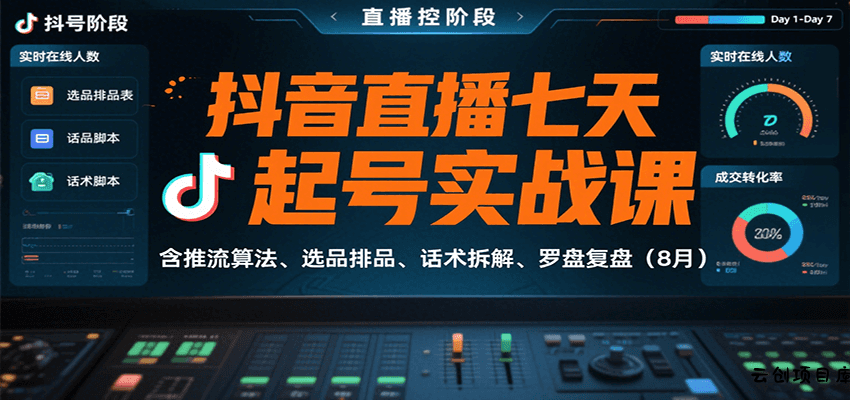 抖音直播七天起号实战课：含推流算法、选品排品、话术拆解、罗盘复盘(8月)-云创项目库