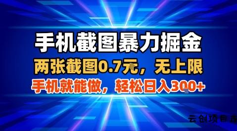手机截图暴力掘金，两张截图0.7米，一部手机就能做，轻松日入3张+【揭秘】-云创项目库