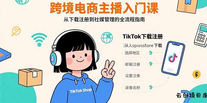 跨境电商主播入门课，TikTok下载注册，支付工具配置，社媒账号管理全流程-云创项目库
