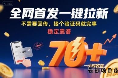全网首发一键拉新项目，不需要回传，接个验证码就完事，稳定靠谱，一小时收益70+【揭秘】-云创项目库