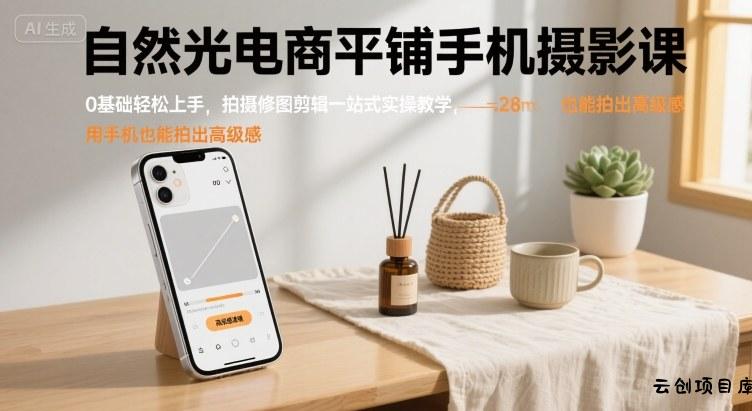自然光电商平铺手机摄影课，0基础轻松上手，拍摄修图剪辑一站式实操教学，用手机也能拍出高级感-云创项目库