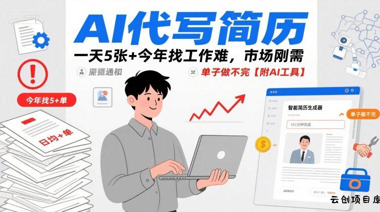 AI代写简历，一天5张+今年找工作难，市场刚需，单子做不完【附AI工具】-云创项目库