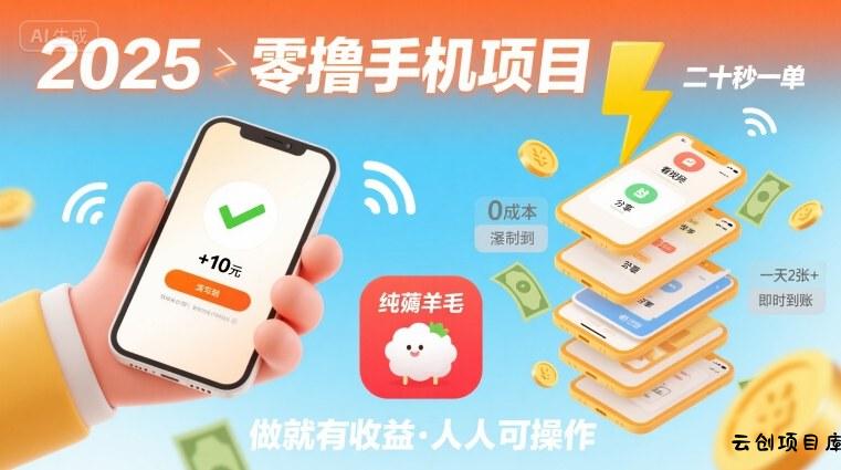 2025年零撸手机项目，二十秒一单，纯薅羊毛 一天2张+做就有-云创项目库