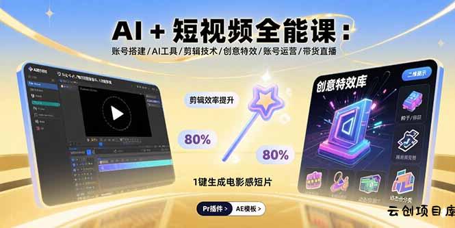 AI+短视频全能课：账号搭建/AI工具/剪辑技术/创意特效/账号运营/带货直播-云创项目库