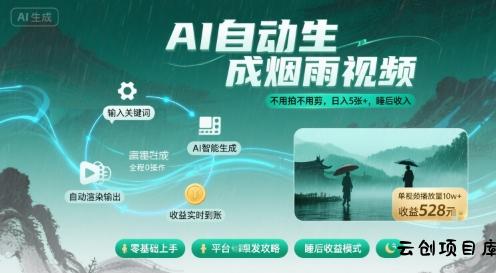 不用拍不用剪！AI自动生成烟雨视频，日入5张+，睡后收入-云创项目库