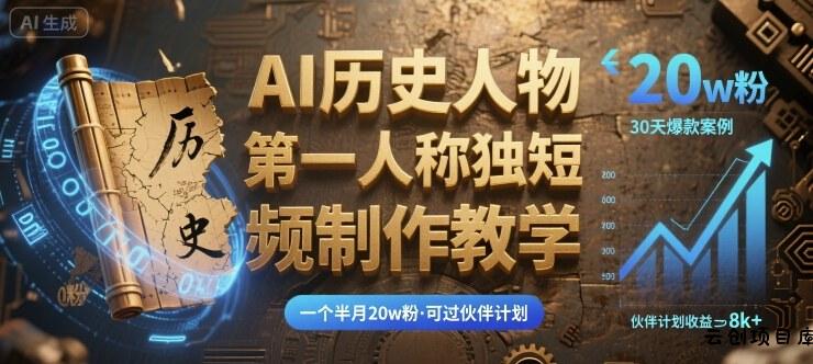 最新AI历史人物第一人称独白短视频制作教学，一个半月20w粉，可过伙伴计划-云创项目库