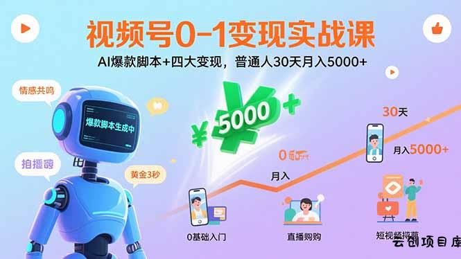 视频号0-1变现实战课：AI爆款脚本+四大变现，普通人30天月入5000+-云创项目库