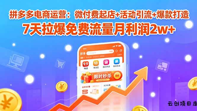 拼多多电商运营：微付费起店+活动引流+爆款打造 7天拉爆免费流量月利润2w+-云创项目库
