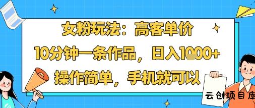 女粉玩法：高客单价，10分钟一条作品，日入1k+操作简单，手机就可以-云创项目库