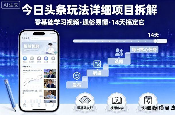 今日头条玩法详细项目拆解，零基础学习视频 通俗易懂 14天搞定它-云创项目库