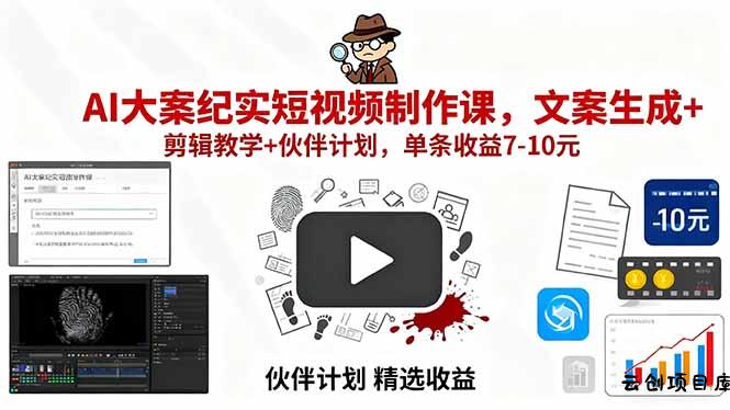 AI大案纪实短视频制作课，文案生成+剪辑教学+伙伴计划，单条收益7-10元-云创项目库