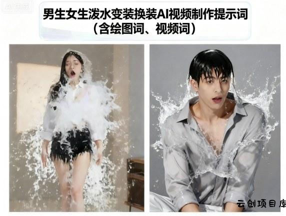 男生女生泼水变装换装AI视频制作提示词(含绘图词、视频词)-云创项目库