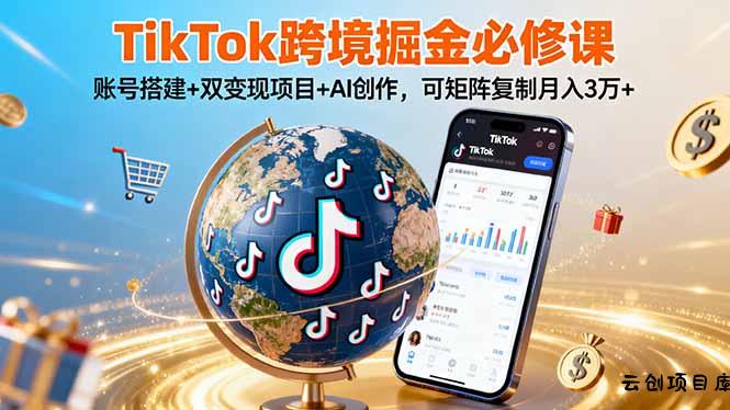TikTo跨境掘金必修课，账号搭建+双变现项目+AI创作，可矩阵复制月入3万+-云创项目库
